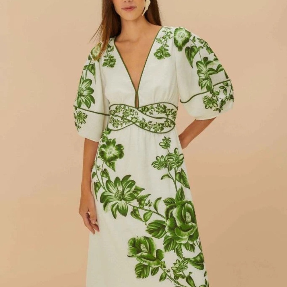 NEW!! FARM Rio White and Green Floral Cascade Sleeved Dress